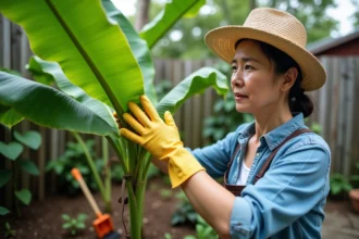 Femme en jardinage examinant une banane dans son jardin
