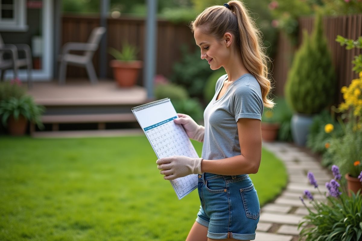 Jeune femme vérifiant le calendrier de jardinage