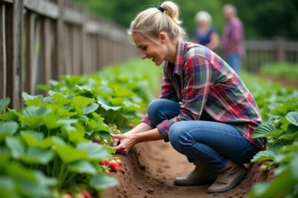 Femme en jardinage de fraises dans un jardin naturel