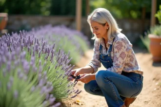 Femme récoltant lavande dans un jardin méditerranéen