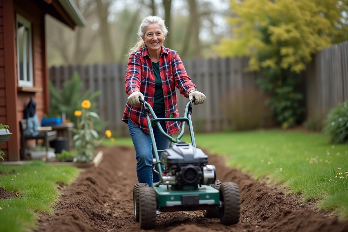 Femme souriante poussant un motoculteur dans le jardin