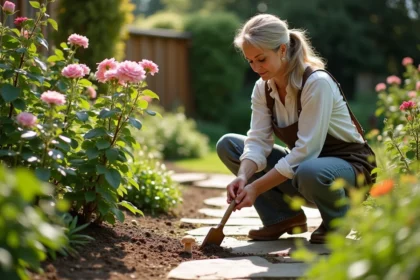 Femme en jardinage retirant des champignons au pied d'un rosier