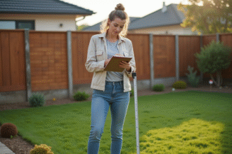Femme en denim mesurant son jardin avec un carnet