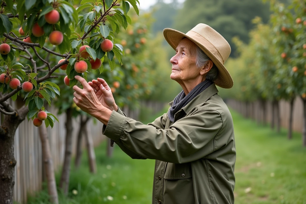 Femme âgée observant un jeune arbre à peche dans son jardin