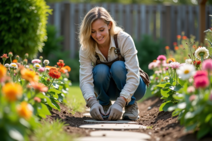 Femme d'âge moyen plantant des fleurs dans un jardin verdoyant