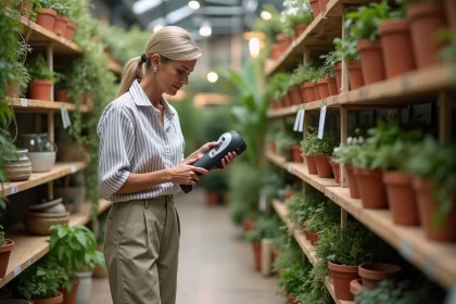 Femme examinant un outil de jardinage dans un rayon de jardinerie française en 2026, caddie rempli de produits KIMEO