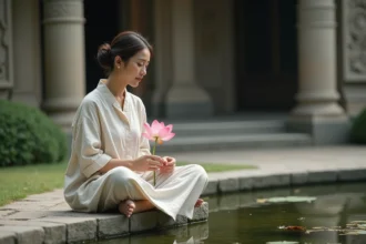 Femme méditant avec lotus dans un jardin paisible