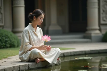 Femme méditant avec lotus dans un jardin paisible