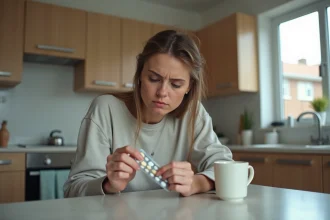 Femme préoccupée avec médicament Rotalin dans la cuisine