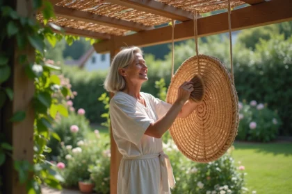 Femme nettoyant une canisse en osier dans un jardin