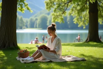 Femme lisant dans un parc verdoyant au bord du lac d'Annecy par une belle journée ensoleillée