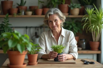 Femme préparant des plants dans une cuisine chaleureuse