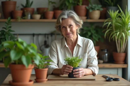 Femme préparant des plants dans une cuisine chaleureuse