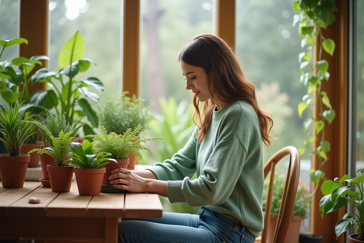 Jeune femme prenant soin de plantes dans une véranda lumineuse