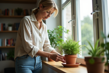 Femme en linen et jeans arrosant une plante d'intérieur