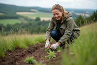 Femme en vêtements de travail plantant de l'herbe native dans un paysage rural