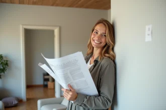 Femme souriante tenant plans de renovation dans un appartement moderne