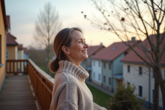 Femme souriante en pull en laine sur un balcon au printemps