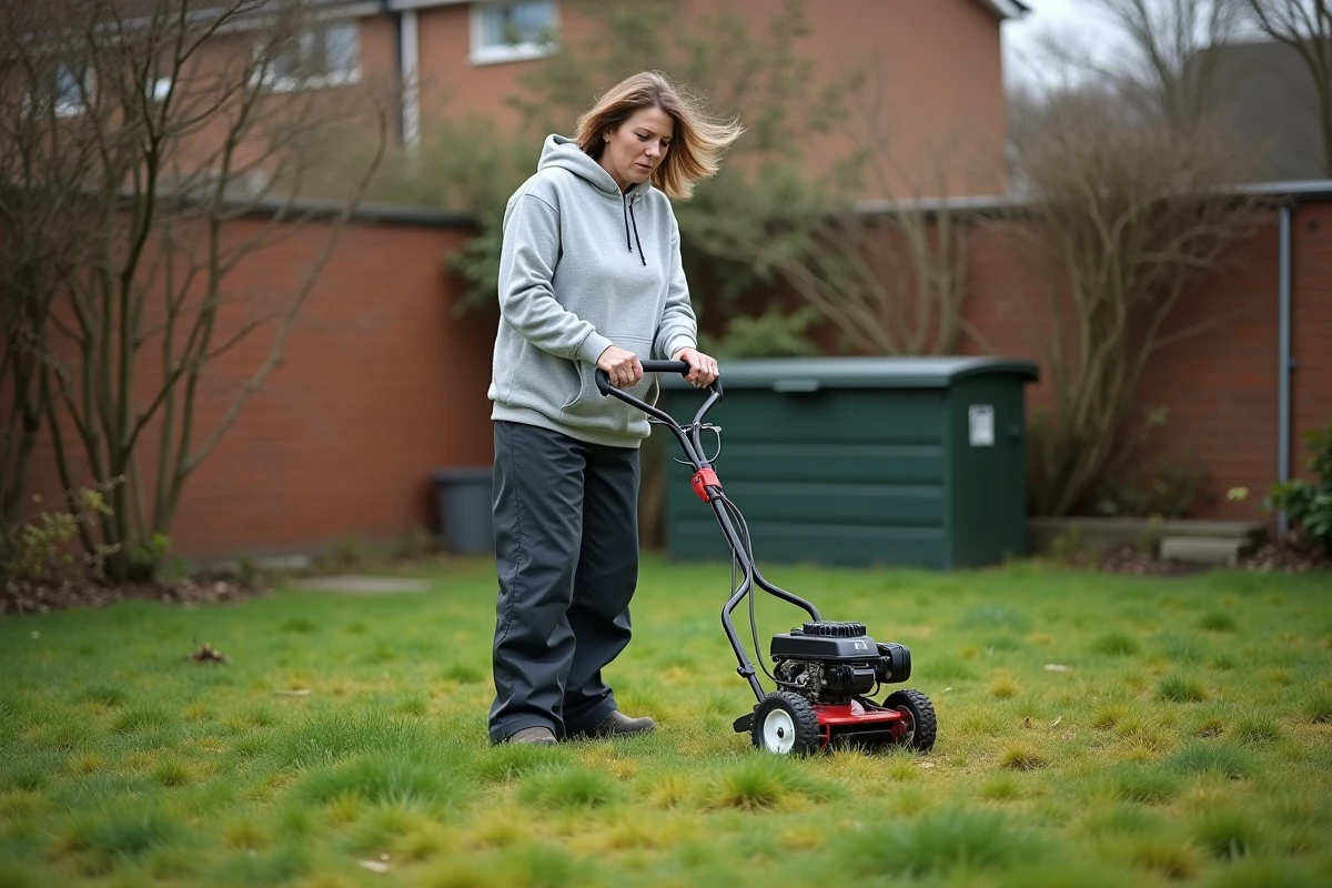 Femme utilisant un scarificateur électrique pour traiter une pelouse envahie de mousse au printemps