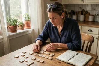 Femme jouant au Scrabble avec des tuiles de lettres formant des noms de fleurs en -ette sur une table en bois
