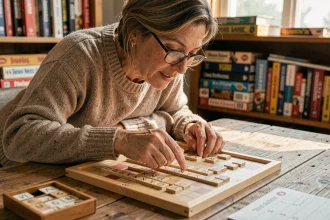 Femme jouant au Scrabble et plaçant des lettres en U sur un plateau de jeu en bois