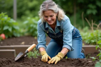 Femme semant des haricots dans un potager, gros plan sur les mains pressant les graines dans le sol
