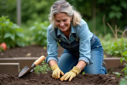 Femme semant des haricots dans un potager, gros plan sur les mains pressant les graines dans le sol