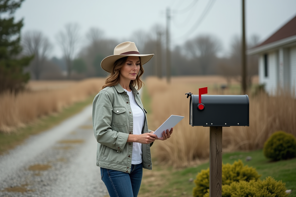 Femme signant une lettre près de la boîte aux lettres dans la campagne