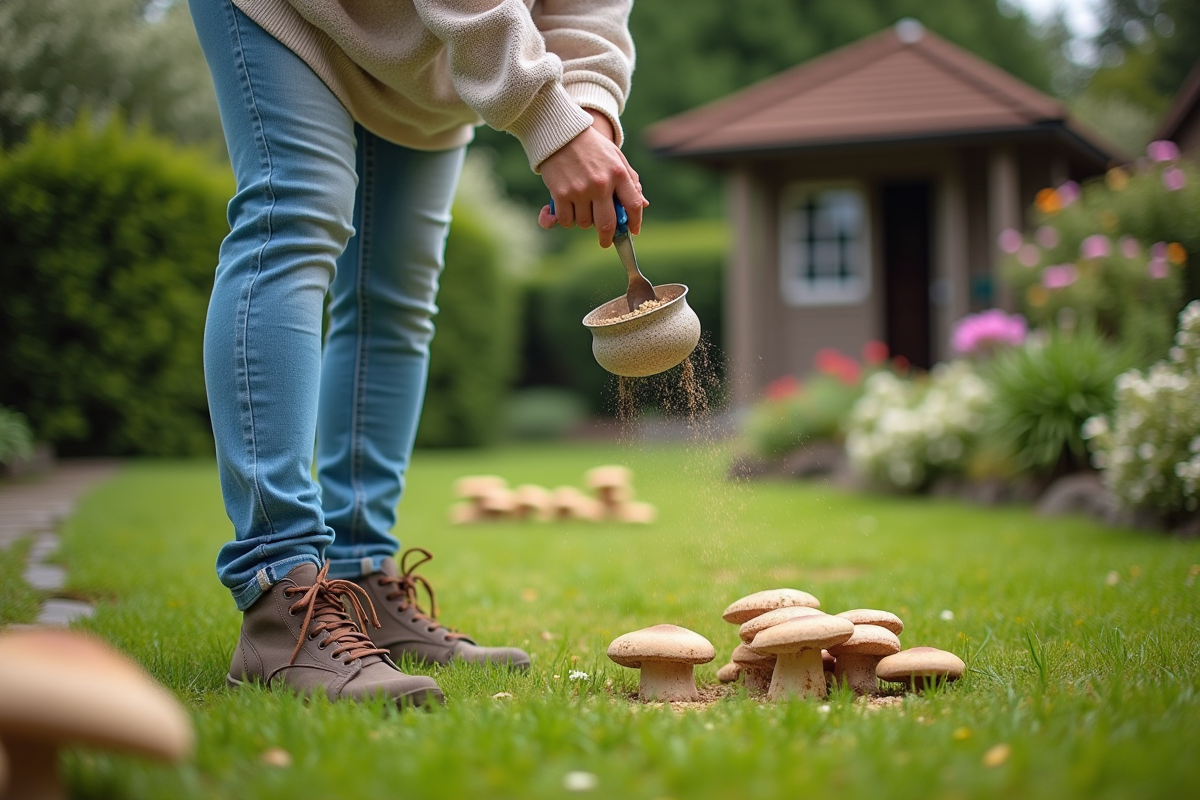 Jeune femme appliquant un traitement sur la pelouse avec champignons