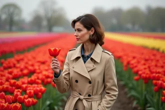 Femme en trench beige dans un champ de tulipes en fleurs