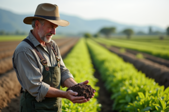 Fermeur examinant la terre fertile dans un champ rural