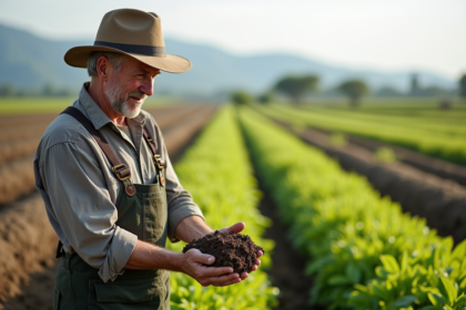 Fermeur examinant la terre fertile dans un champ rural