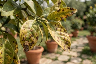 Feuilles de citronnier atteintes de taches marron caractéristiques d'une maladie fongique