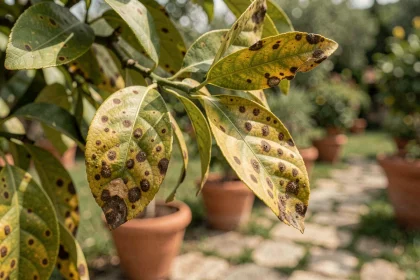 Feuilles de citronnier atteintes de taches marron caractéristiques d'une maladie fongique