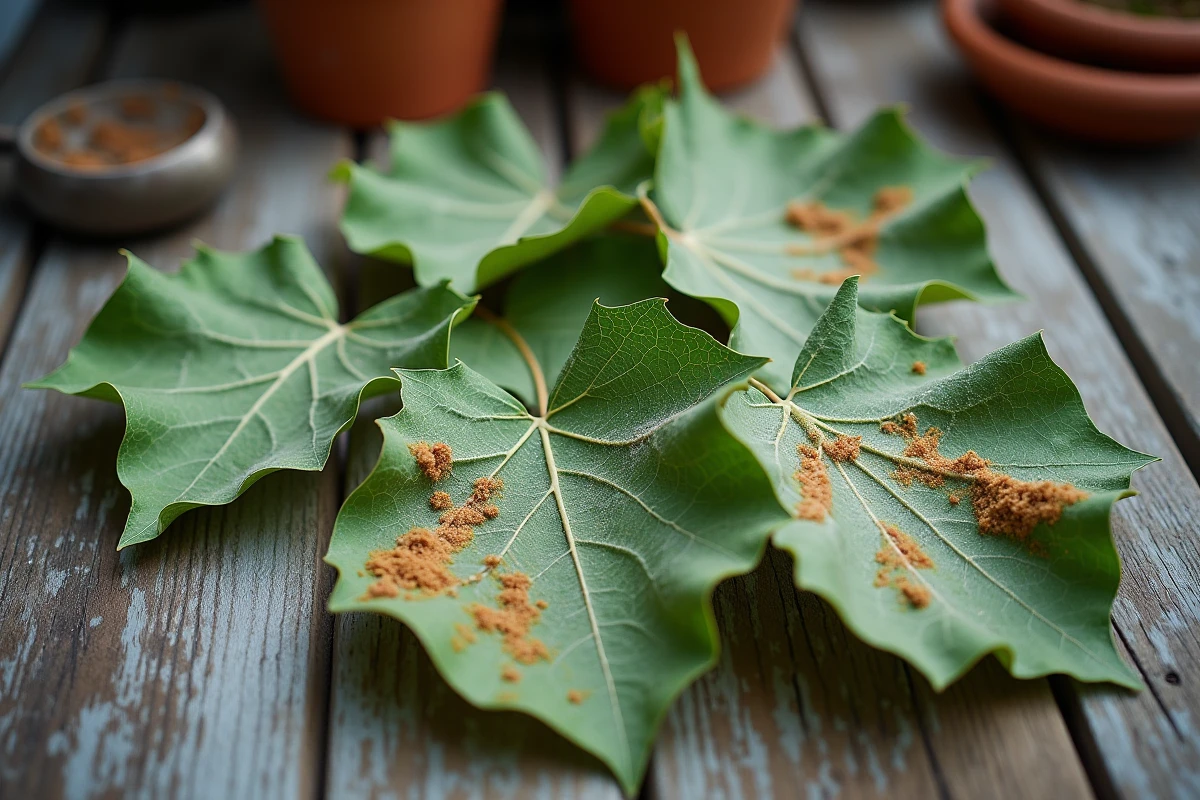 Feuilles de mûrier platane présentant des symptômes avancés d'oïdium et de taches foliaires brunes sur une table de jardin