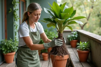 Femme rempotant un ficus dont les racines débordent du pot en terre cuite sur un balcon d'appartement