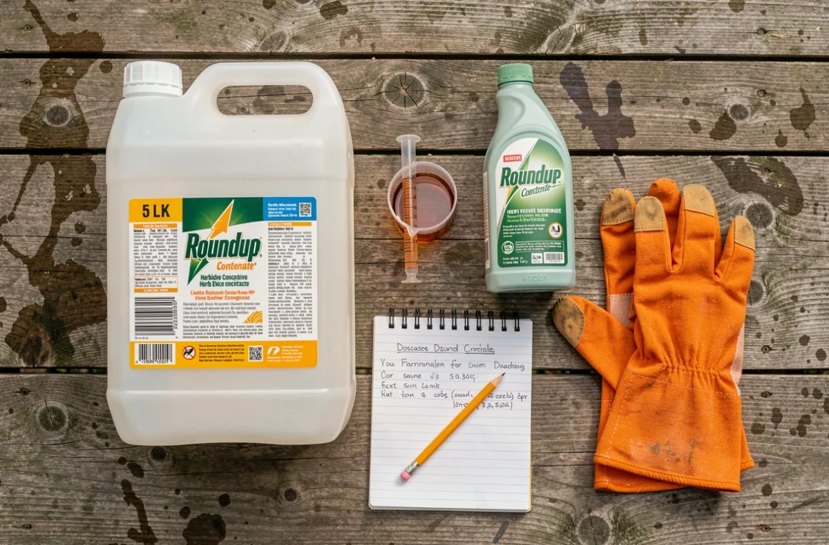 Vue de dessus d'une table de jardin avec pulvérisateur 5 litres, doses de Roundup concentré, gants de sécurité et notes de dosage