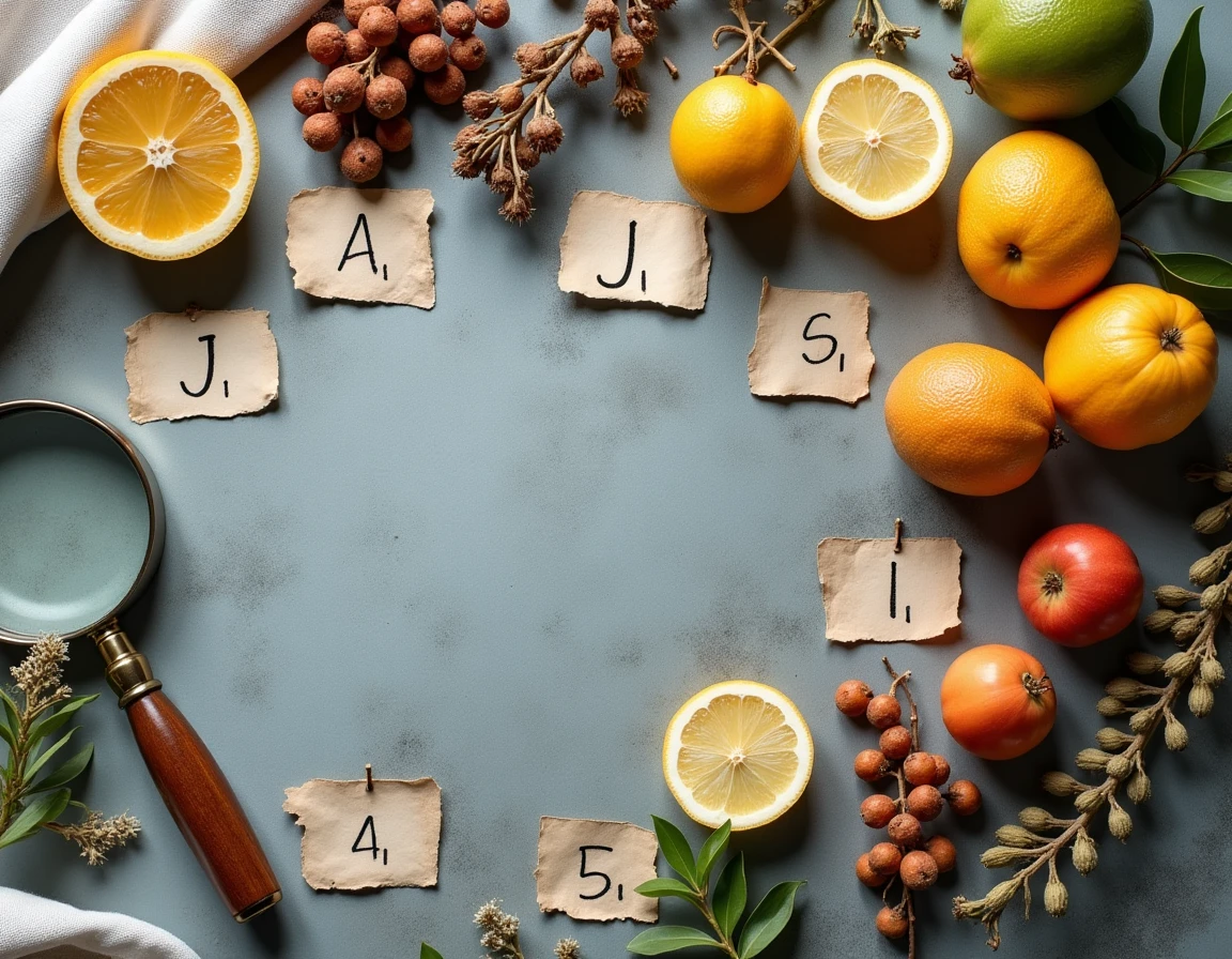 Composition à plat de fruits commençant par J dont la jabara, les jujubes séchés et des baies de genévrier sur une surface en pierre grise avec des étiquettes botaniques manuscrites