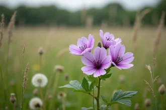 Fleurs mauves sauvages de mauve sylvestre en pleine prairie naturelle, avec tiges et feuilles vertes visibles au premier plan