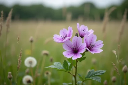 Fleurs mauves sauvages de mauve sylvestre en pleine prairie naturelle, avec tiges et feuilles vertes visibles au premier plan
