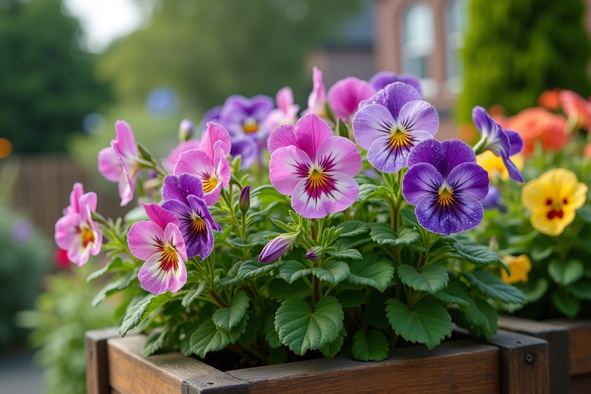 Groupe de fleurs de saison dans un jardinet en bois