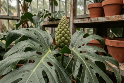 Fruit de ceriman mûrissant sur un monstera deliciosa dans une serre tropicale avec des pots en terre cuite