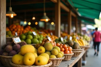 Étal de marché rustique avec des fruits exotiques commençant par la lettre J, dont le jacquier, les jujubes et la jabuticaba, dans des paniers en osier
