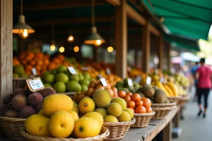 Étal de marché rustique avec des fruits exotiques commençant par la lettre J, dont le jacquier, les jujubes et la jabuticaba, dans des paniers en osier