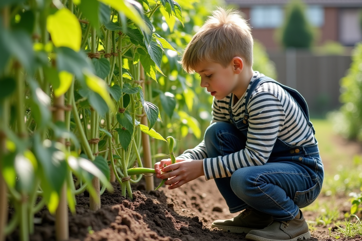 Jeune garçon inspecte pois en jardinage en plein air
