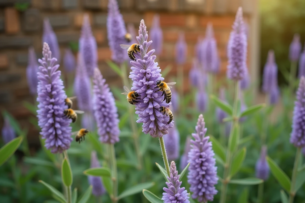 Arbuste gattilier en fleurs violettes avec plusieurs abeilles butineuses, jardin rural, ambiance botanique naturelle