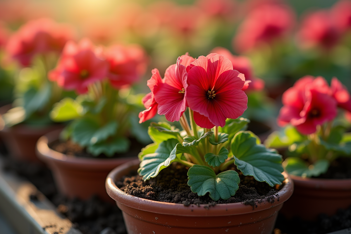 Geraniums plantés dans des petits pots en terre humide au matin