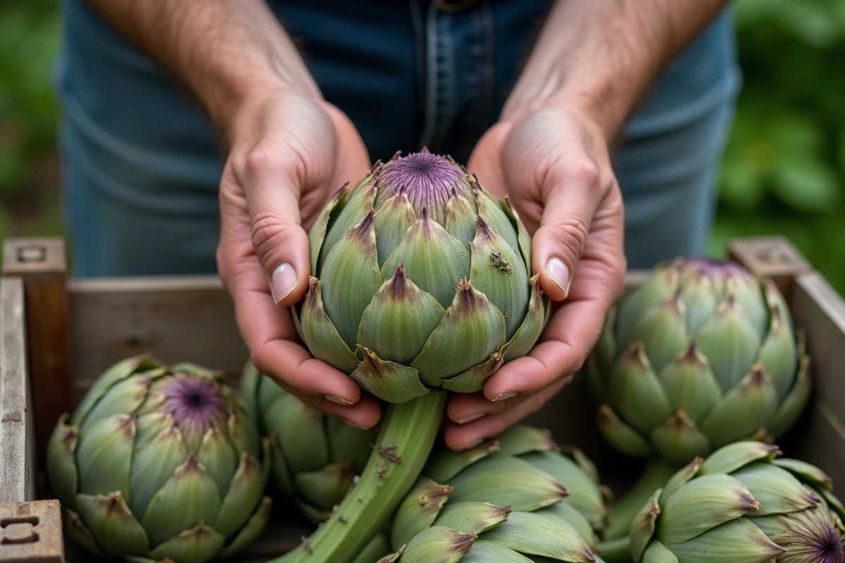 Gros plan sur des artichauts fraîchement récoltés tenus dans des mains de jardinier expérimenté