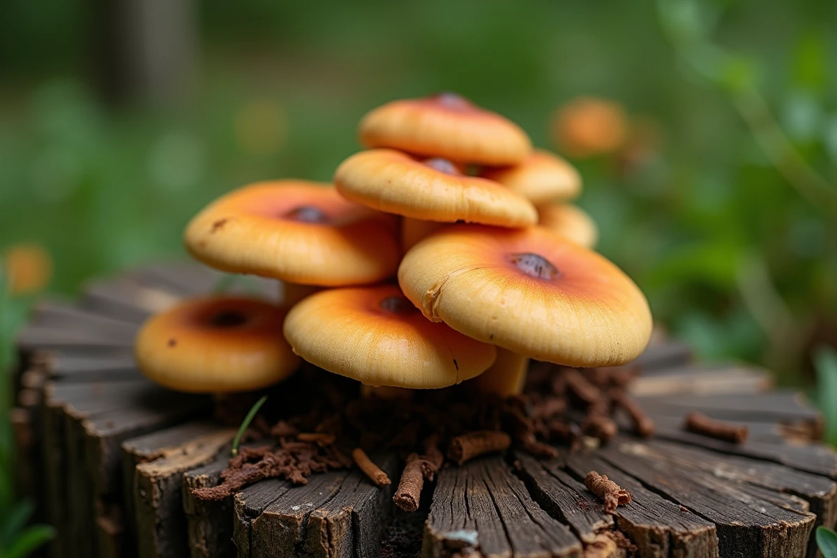 Gros plan sur des champignons polypores orange sur une souche pourrie dans un jardin