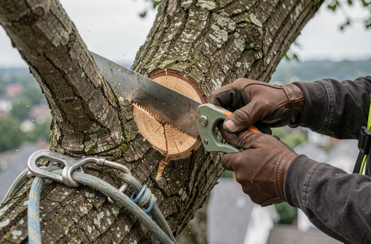 Gros plan sur les mains gantées d'un élagueur sciant une grosse branche en hauteur avec une scie professionnelle